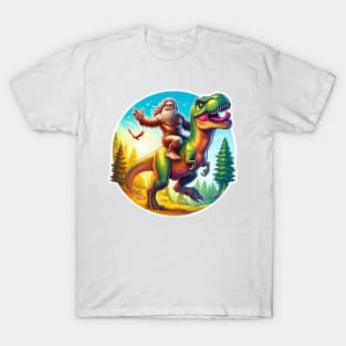 Sasquatch Riding a T-Rex Cryptozoologist Big Foot Dinosaur T-Shirt